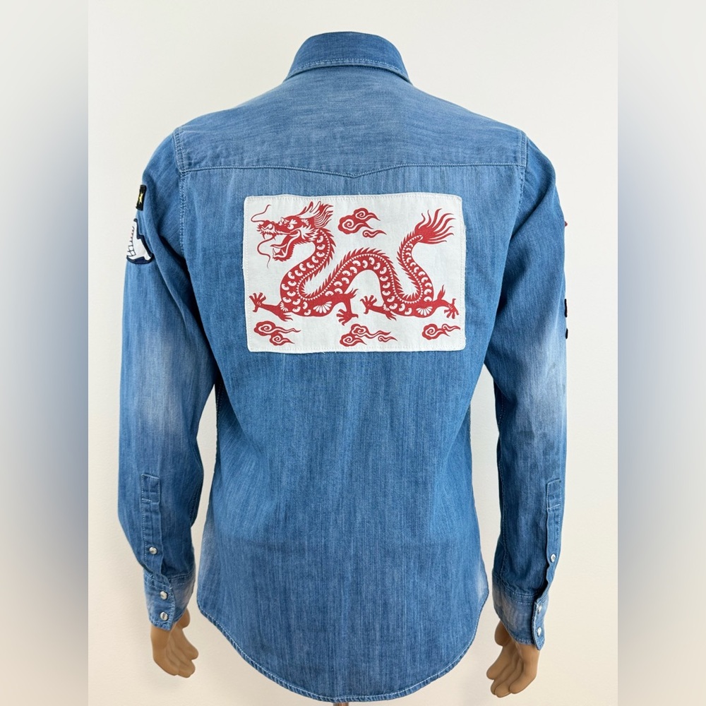 Men's Autark Long Sleeve Denim Like Button Shirt, Assorted Patches, Size Small - Picture 5 of 16